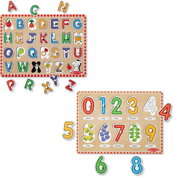 Melissa & Doug Wooden Lift & See Peg Puzzle Early Learning 2-Pack for Girls and Boys Alphabet, Numbers