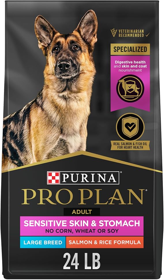 Purina Pro Plan Sensitive Skin & Stomach Large Breed Dog Food, 24 lb Bag | Salmon & Rice Formula for large dogs, with prebiotic fiber, easily digestible and supports a healthy skin and coat