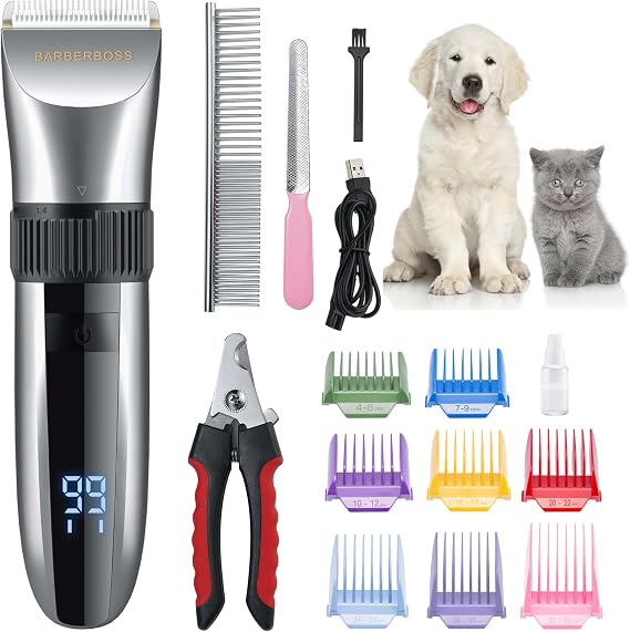 BarberBoss Cordless Dog Grooming Clipper - Waterproof, Ceramic Blades, LED Display, Fast Charging, Electric Pet Clippers for Dogs & Cats, Pets Hair Trimmer, QR-9082