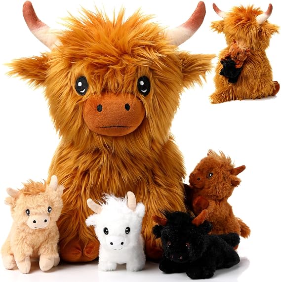 HyDren 5 Pcs Highland Cows Stuffed Animal Toy 13.78 Inch Mommy Highland Cow Plush with 4 Little Babies Soft Plush Toy Set for Kids Boys and Girls Birthday Party Favors(Sitting Style)