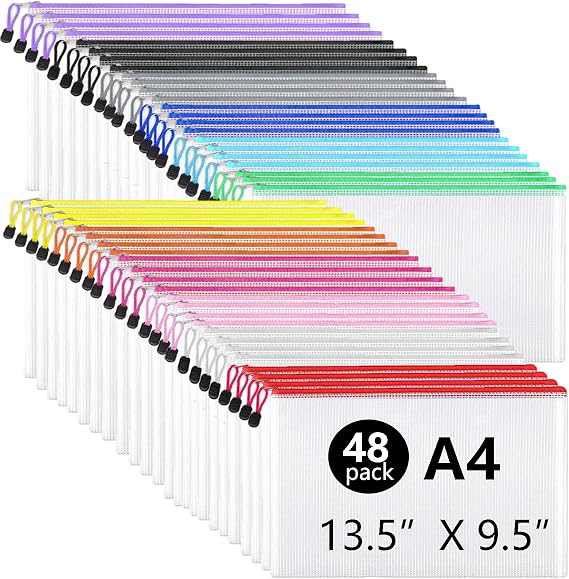 Mesh Zipper Pouch Bags - 48pcs Mesh Bags A4 Plastic Zipper Pouches Bag Clear Waterproof Document Bag, Zipper File Bags for Office Supplies Travel Bags, Puzzle Bag for Organizing Storage (12 Colors)