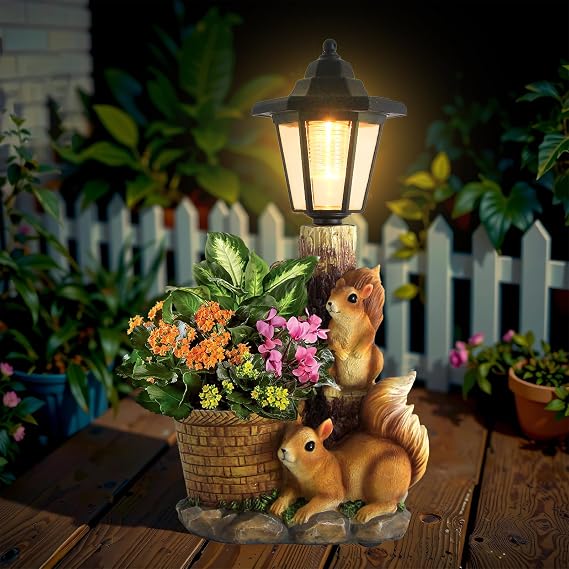 Solar Squirrels Outdoor Statues, Garden Sculpture with Flowerpot & Lantern