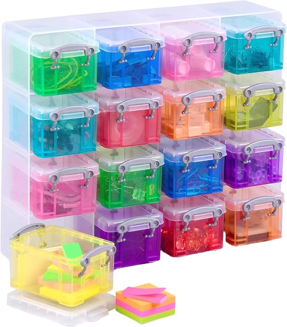 Really Useful Box Plastic Storage 0.3 Litre Organiser Pack (16 x 0.3L) Clear Frame with Assorted Boxes