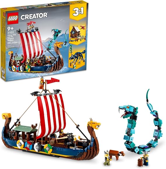 LEGO® Creator 3’ü 1-in-1 Toy Making Set Featuring Ships and Wolves for Viking Ship and Midgard Serpent Ages 31132-9 and Over (1192 Pieces)