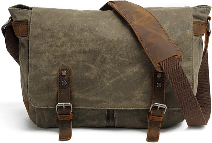 HuaChen Mens Messenger Bag, Vintage Genuine Leather Waxed Canvas Shoulder Bag for 14" Laptop,Rugged Briefcase Satchel