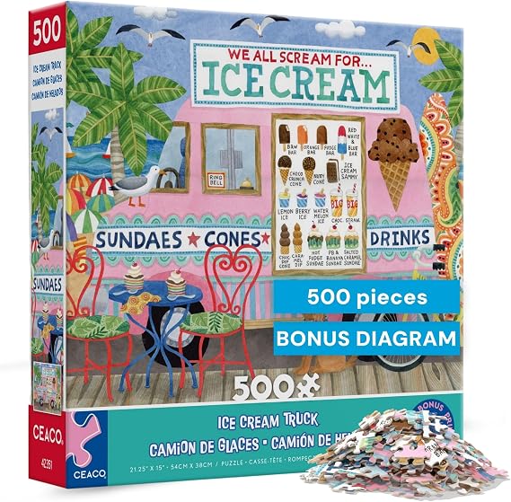 Ceaco- Food Trucks - Ice Cream Truck II - 500 Piece Jigsaw Puzzle for Adults and Families - Colorful Summer Beach Scene with Ice Cream Stand - Finished Size 19 x 19 - Made in the USA