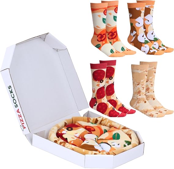POPCRAZE 4 and 1 Pairs Pizza Socks in a Box with 2 or 4 Designs - One Size Fits Most.Novelty Socks. Fathers Day Gift Idea