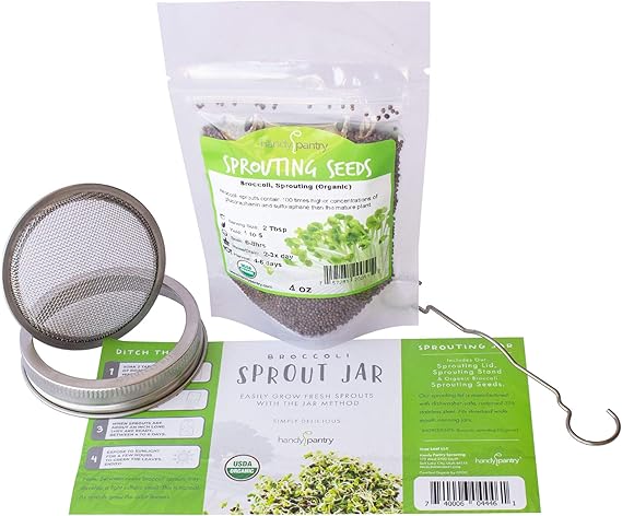 Handy Pantry Organic Broccoli Sprout Growing Kit Non-GMO Seeds | Includes 316 Stainless Steel Lid, Stand