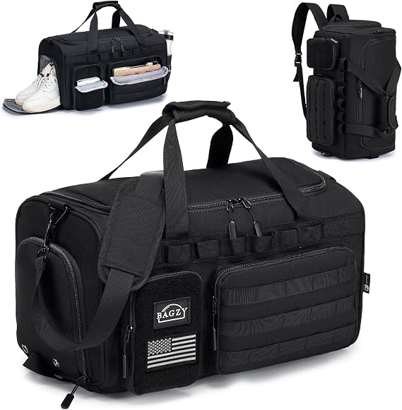 Tactical Gym Bag for Men 40L Sports Duffel Bags 3 in 1 Travel Duffel Bag with Shoe Compartment Waterproof Workout Backpack Carry On Bag for Overnight Weekender Travel Black