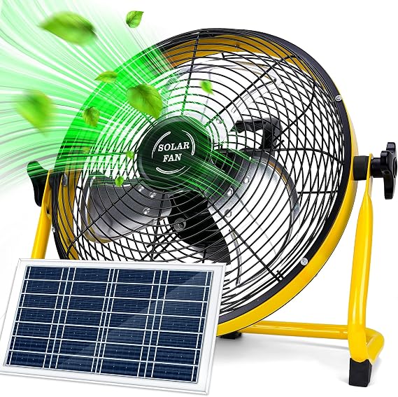 DBF 14" Solar Powered Fan, 15000 mAh Rechargeable Battery Operated Outdoor Floor Fan, 20W Solar Panel, 4-24H Runtime, 12 Speeds, Quiet, Cordless, For Outside Barn Home Outage, Yellow