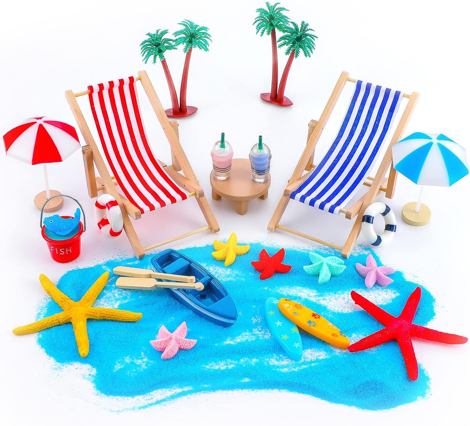 Minatee 25 Pcs Beach Miniature Dollhouse Decoration, Umbrella Palm Chair Miniature Toys Garden Dollhouse Outdoor Accessories Beach Decorations for DIY Garden Plant Pool(Red, Black)