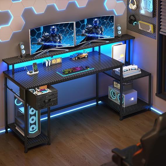 DurayLoly Gaming Desk with 55" Long Monitor Stand, 18" Ample Printer Space