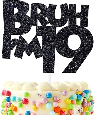 Bruh Im 19 Cake Topper, Bro IM 19, Cheers to 19 Years, Happy 19th Birthday Party Decorations Supplies for Boys Men, Black Glitter