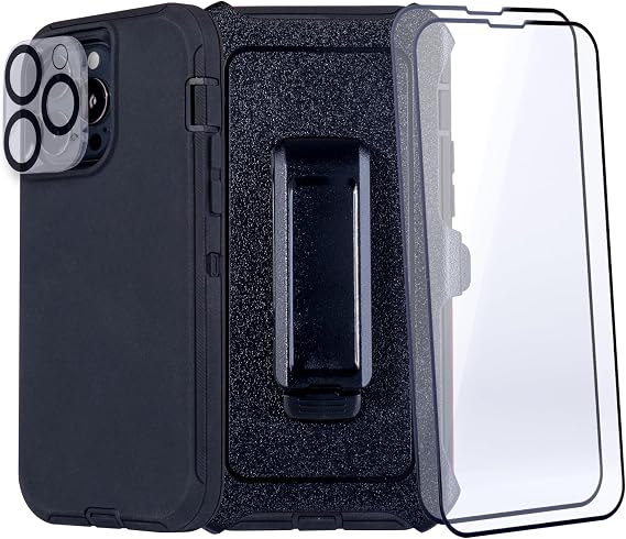 Case for iPhone 15 Pro Max (6.7") with 2 Camera & Screen Protectors | Heavy Duty Full Body Military Grade Drop Protection Carrying Cover Holder | Holster for Men Belt with Clip Stand Black
