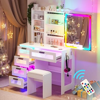 Vanity with LED Mirror, 6 Drawer Dresser with Charging Station for Bedroom, Small Makeup Vanitys Table with RGB Light, Vanity Set with Chair,Jewelry Organizer for Girls-White