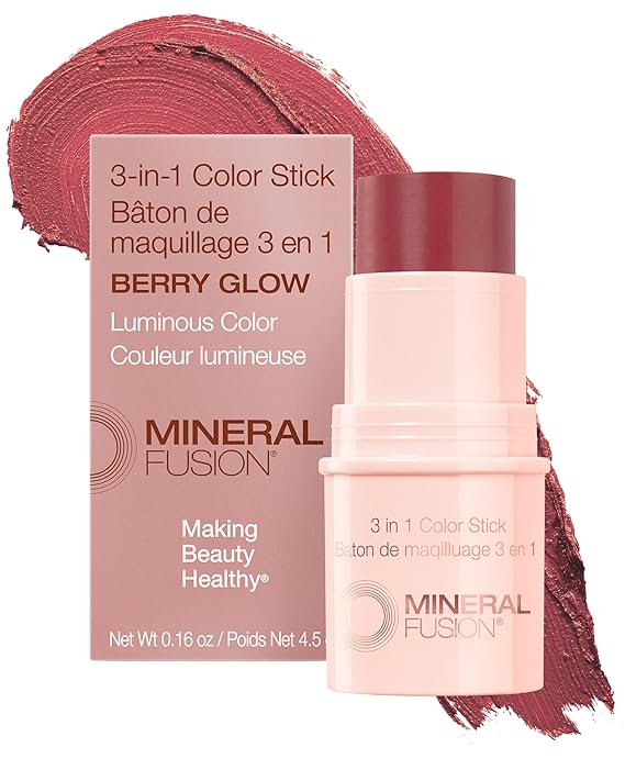 Mineral Fusion 3-in-1 Color Stick - Hydrating Tinted Cream Blush for Cheeks, Lip and Eye - Natural Multi Use Makeup (Berry Glow)