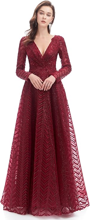 Prom Ball Gown Beaded Applique Long Sleeves Pageant Formal Evening Party Dress