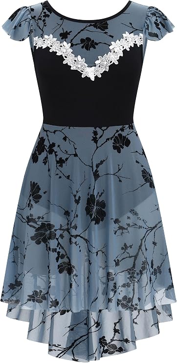 Women Butterfly Floral Chiffon Ballet Dress Cap Sleeve Open Back Lyrical Ballerina Leotard High-Low Dance Skirt