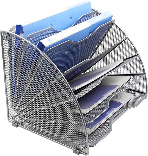 EasyPAG Desk File Organizer, 6-Section Vertical File Folder File Stand, Fan-Shaped Metal Rack Mail Sorter for Office Classroom Desktop Organization, Silver