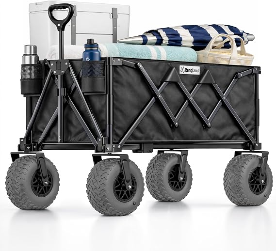 Beach Wagon with Heavy-Duty 10" Air Tires - All Terrain Folding Cart with Big Wheels for Sand and Gravel - 300 LB. Capacity (Black)