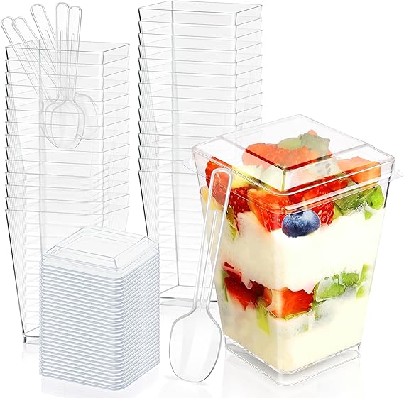 5oz Plastic Dessert Cups with Lids and Spoons, Clear Yogurt Parfait Cups with Lids, Mini Dessert Shooter Cups with Spoons, Small Square Appetizer Cups for Fruit Party Pudding Ice Cream Trifle 20 Pack