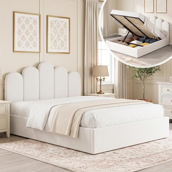 Full Lift Up Storage Bed, Velvet Platform Bed Frame with Headboard, Cream | Upholstered Vertical Channel Tufted Wavy Headboard, Hydraulic Support Storage, No Box Spring Needed, Easy Assembly