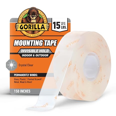 GORILLA Invisible Hold Mounting Tape, Clear, 1" x 150", 1-Pack | Holds up to 15 lbs, Clear Double-Sided Tape for Strong, Permanent Bond, Discreet Adhesive for Classroom and Study Space Setup