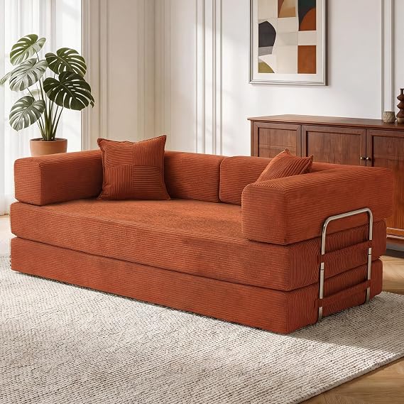 Vipbear Premium Versatile Boneless Sofa Bed, 79" L 5-in-1 Memory Foam Convertable 3 Seater Modular Sectional Couches for Living Room,Orange