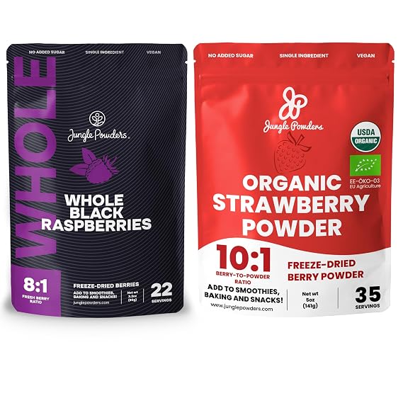 Jungle Powders Freeze Dried Whole Black Raspberries 3.2oz & Organic Strawberry Powder 5oz Bundle - No Sugar Added Dried Fruit Snacks & Natural Berry Powders for Baking, Smoothies, Yogurt, Decorating
