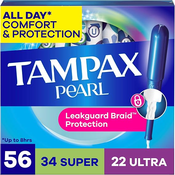 Tampax Pearl Tampons for Women Multipack, with LeakGuard Braid, Super/Ultra Absorbency, Unscented, 56 Count