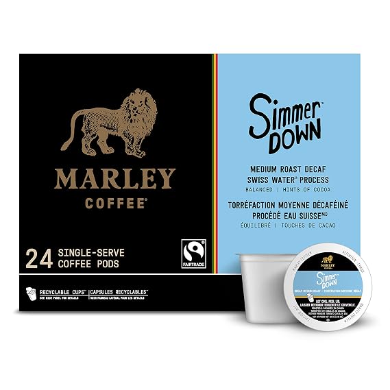 Marley Coffee Simmer Down Decaf, Swiss Water Process, Medium Roast Coffee, Keurig K-Cup Brewer Compatible Pods, 24 Count