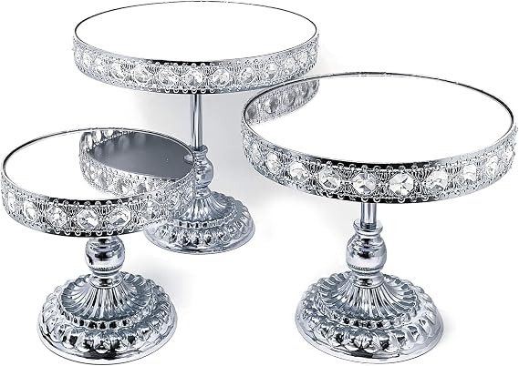 allgala Wedding Cake Stands 3-Piece Set Crystal Gold Plated Cheese Dessert Cupcake Cake Stand with Mirror Plate-Silver Round with Bases-HD89209