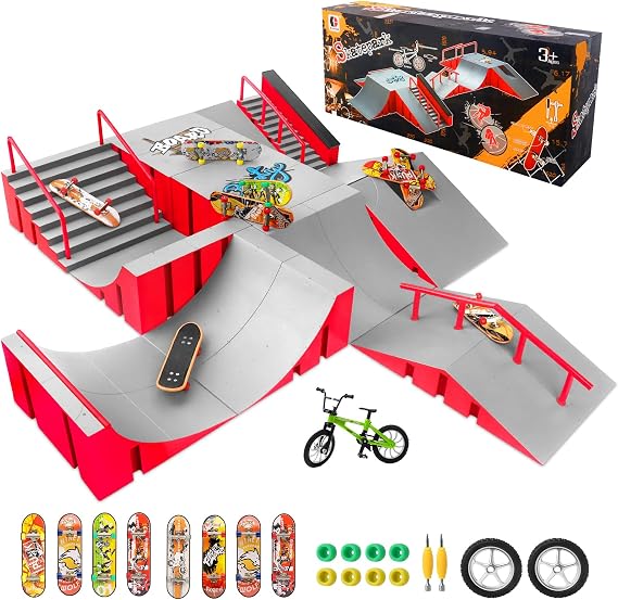 CS COSDDI Finger Skateboard Park Kits,14 in 1 Skateboard Finger Toys with 8 Finger Skateboards & 14 Skatepark Deck Ramp,Finger Bike for Boys or Girls Gift,Mini Finger Skateboards Ramp Accessories Set