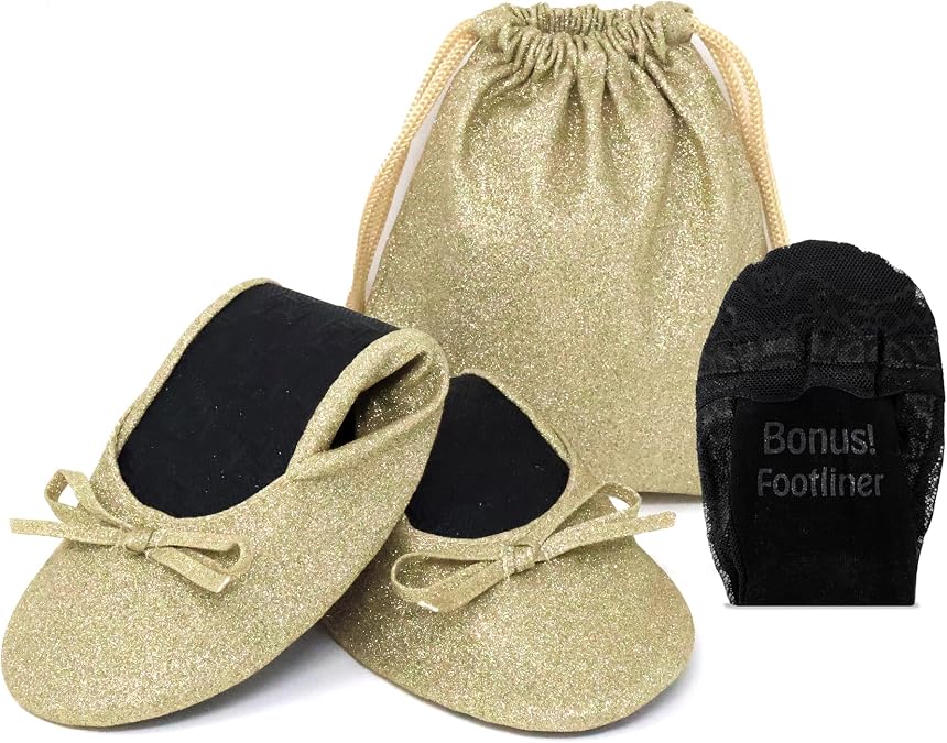 Sparkly Foldable Flats for Women, Glitter Ballet Shoes for Weddings &Events | Silky Toes Emergency Compact Flats for Parties | Fits in Purse | Cushioned Insole | Slip Resistant rubber outsole