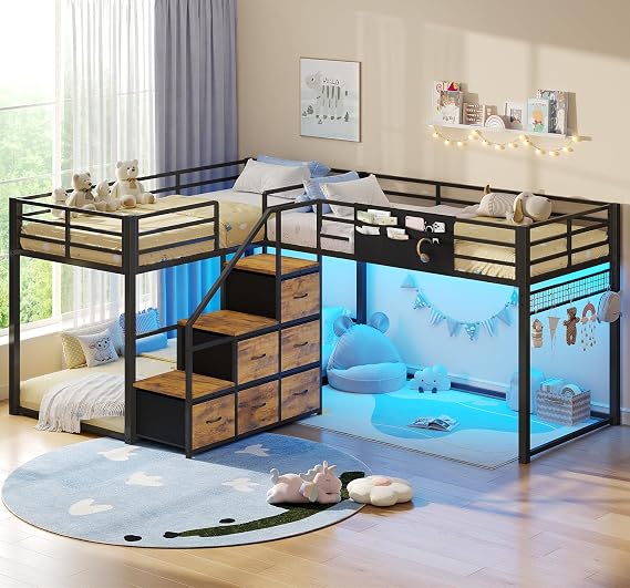 L-Shaped Triple Bunk Beds Twin Size, Staircase & 6 Storage Drawers, Black