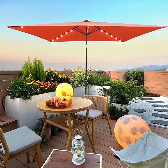 10FT Patio Offset Umbrella w/Solar LED Lights Rectangular Outdoor Cantilever Hanging Umbrella w/Crank UV Protection Sun Shade for Market Garden Lawn Backyard Poolside