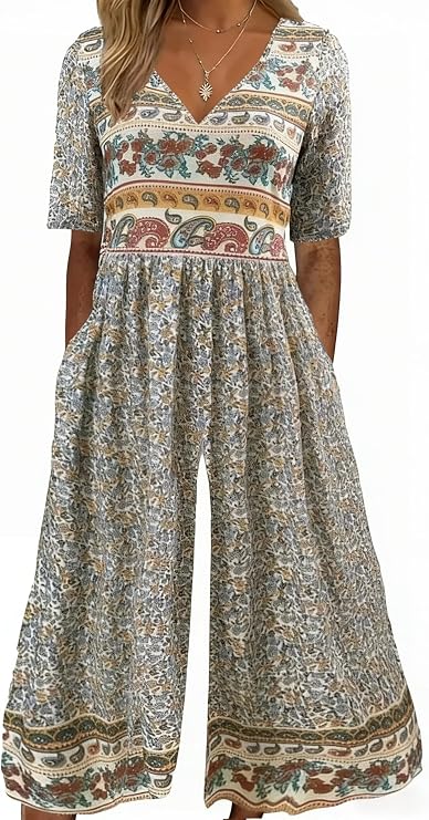 Kubsid Womens Jumpsuits Dressy Casual Boho Floral Short Sleeve Jumpsuit V Neck Wide Leg Loose Flowy One Piece Bodysuit