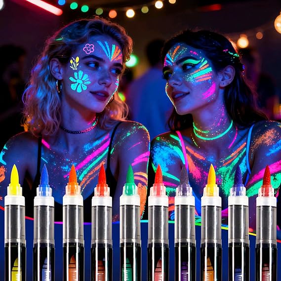 Oiomniv Glow in The Dark Face Paint Markers, 10 Colors Neon Body Paint Pens