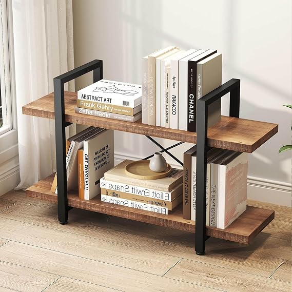 HSH 2 Tier Industrial Solid Wood Bookshelf, Distressed Brown