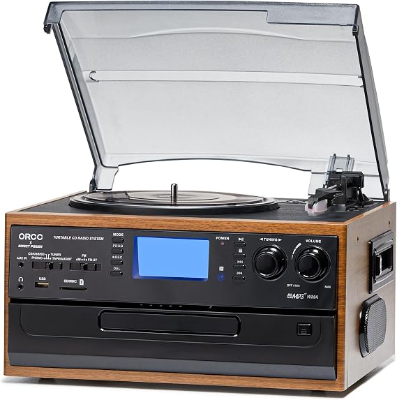ORCC 10-in-1 Vinyl Turntable Record Player with Bluetooth, Turntable with Built-in Speaker CD Cassette and FM/AM Radio Combo, AUX in RCA Out USB MP3 Recording Headphone Jack, Copmact & Portable