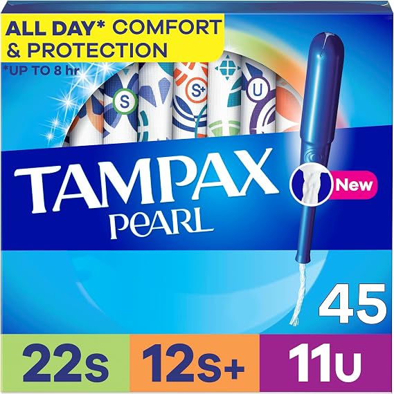 Tampax Pearl Tampons for Women Multipack, with LeakGuard Braid, Super/Super Plus/Ultra Absorbency, Unscented, 45 Count