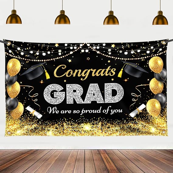 Congrats Grad We Are So Proud Of You Banner - XtraLarge, 72x44 Inch | Congrats Grad Backdrop | Black, Gold, Silver Graduation for Graduation Decorations 2026, Class of 2026 Decorations | College, Highschool Grad Party Decor
