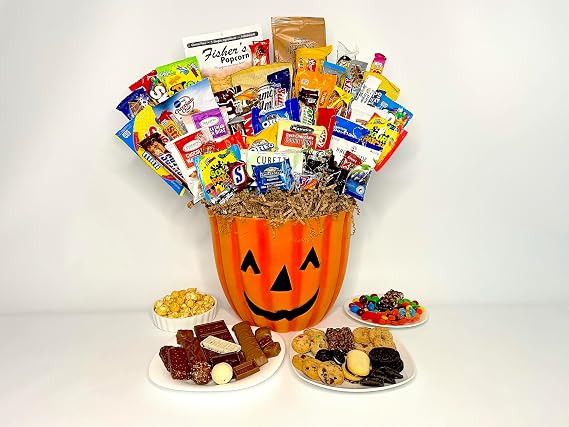 Halloween Pumpkin Gift Basket with Premium Halloween Candy, Chocolates, and Snacks. Hand-Crafted Halloween Pumpkin Candy Gift Basket for Kids, Families, and Clients! (42 Piece)