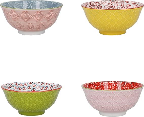 KitchenCraft Patterned Cereal Bowl Set of 4 in Gift Box, Ceramic Serving Bowls Ideal for Ice Cream, Soup and More,#39;Brights' Designs, 15cm