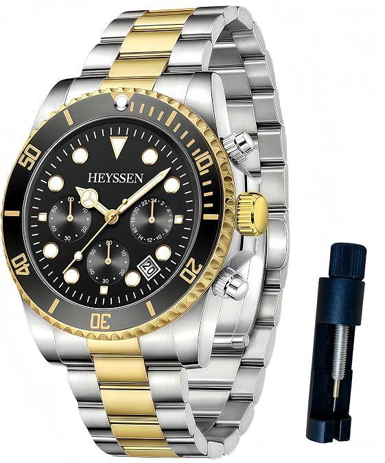 Watches For Men Quartz Stainless Steel: Dress Watch For Mens Wrist Luxury Gold And Silver Metal Two Tone Black Dial Big Analog Classic Diver Waterproof Chronograph Green Face Business Man Gift