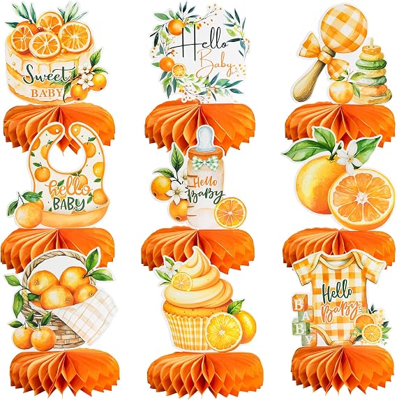 Gyufise 9Pcs Orange Baby Shower Decorations Honeycomb Centerpieces for Gender Reveal Table Centerpiece Party Supplies Table Topper Orange