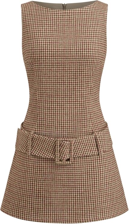 CIDER Dresses for Women Mini Dress Houndstooth Dress Boat Neck Dress Belted Short Dress Women's Casual Dress
