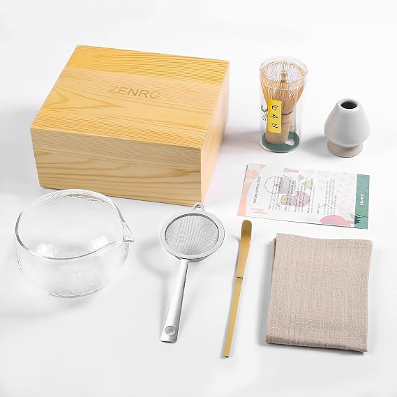 Bamboo Matcha whisk Kit, Matcha Tea Set, Bamboo Matcha Whisk and bowl (Chawan) Scoop (Chashaku), Chasen Holder, Tea Strainer (Sifter), Tea Towel in Wooden Case - Ideal Travel Matcha Ceremony Kit...
