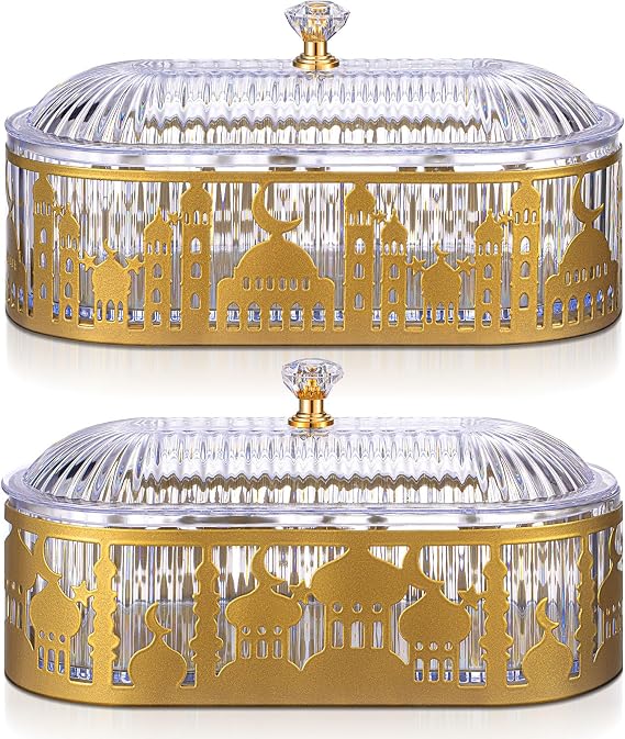 2 Pcs Ramadan Trays with Lid Metal Gold Eid Mubarak Plates Ramadan Moon Candy Dish Table Decorations Food Serving Tray Islam Muslim Al-Fitr Cookie Storage Container for Eid Party Supplies