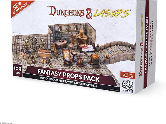 Dungeons & Lasers Fantasy Props DND Accessories Pack - 109 Piece Set Includes Miniature Elements and Bits for Tabletop Terrain and 5E Compatible RPG Games - Unpainted - for Ages 14 Years +